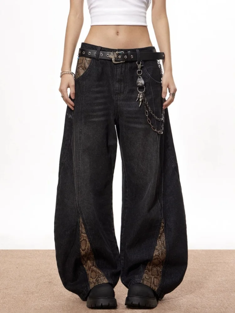 2025 الأمريكية الرجعية Y2K نمط الأفعى نمط المرقعة فضفاض المرأة الجينز السراويل للمرأة الملابس القطن فضفاض سراويل طويلة