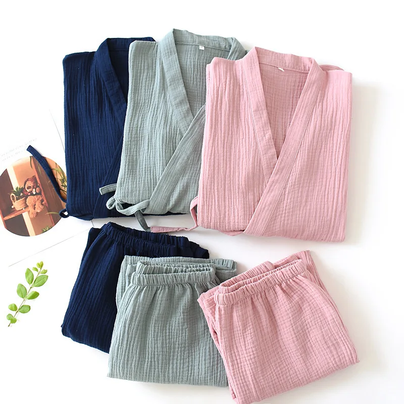 Japanese Minimalist Men’s Cotton Muslin Soft Breathable Kimono Pajama Set Open Front 2 Piece Loungewear Spring Fall