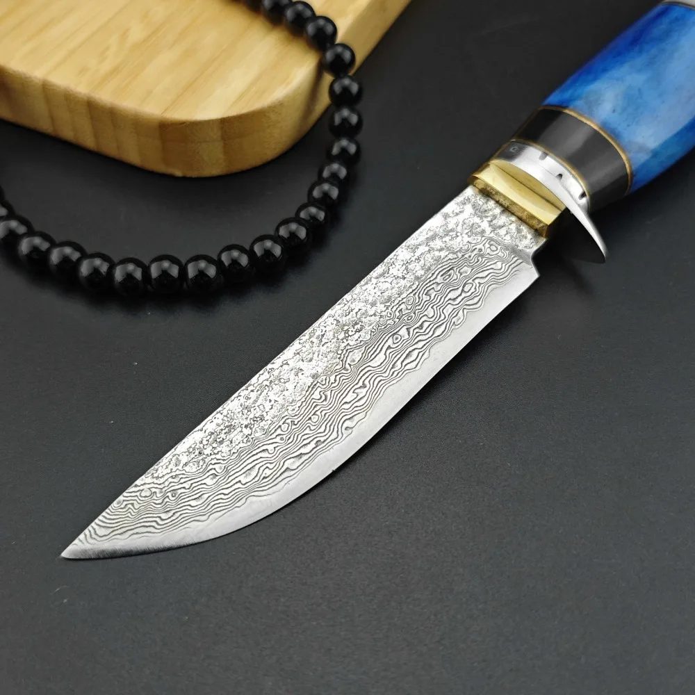 Damascus steel blade antler ox bone splice handle with cowhide sheath Outdoor camping EDC tactical hunting self-defense knife