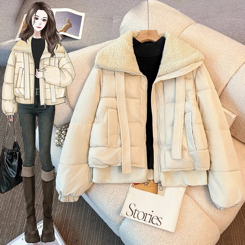 

plus Size Women's Winter Jaet Thiened Cotton Puffer Coat Lamb Fur Collar down Cotton Outerwear Regular Length Commute Sle