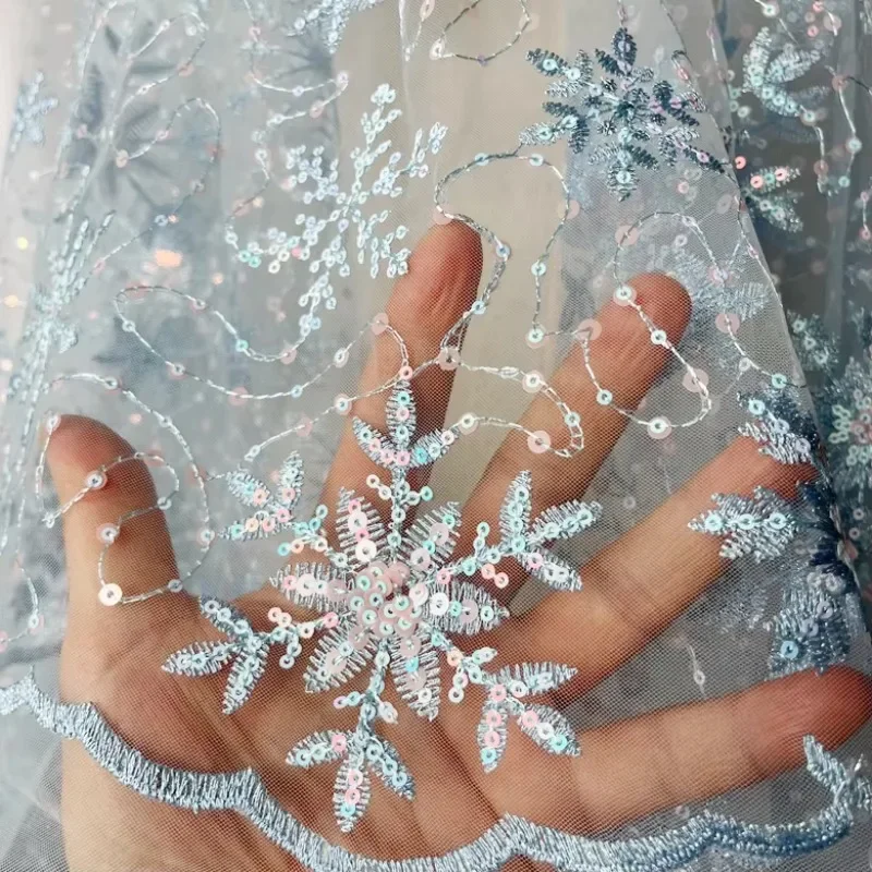 Blue Mesh Embroidery Snowflake Sequin Clothing Fabric Sewing Children's Dresses Evening Dresses Doll Clothes Mesh Fabric