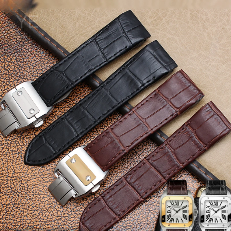 For Cartier Santos Sandoz Series 23mm 20mm Waterproof Backing Solid Steel Deployment Buckle Black Brown Cowhide Watch Strap