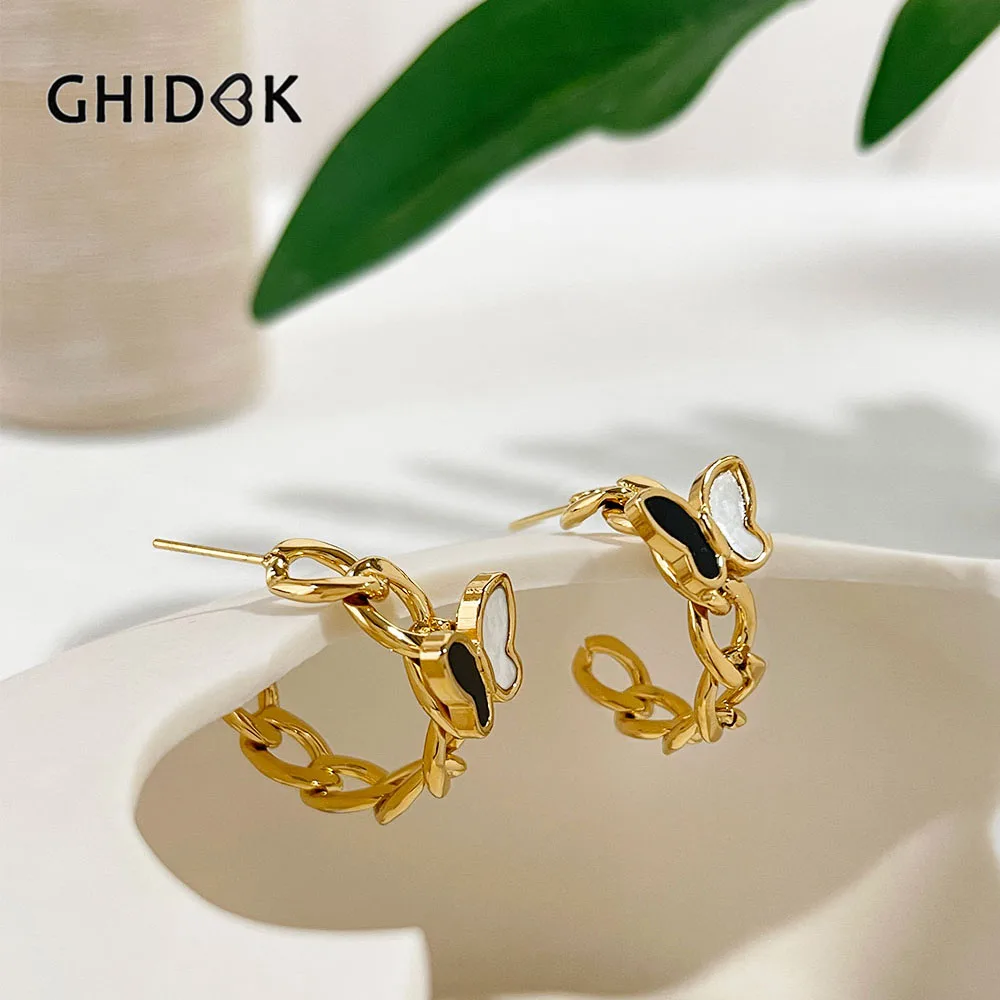 GHIDBK Stainless Steel Gold Plated Cuban Link Chain Hoop Earrings with Black White Shell Butterfly Women Jewelry Waterproof Gift