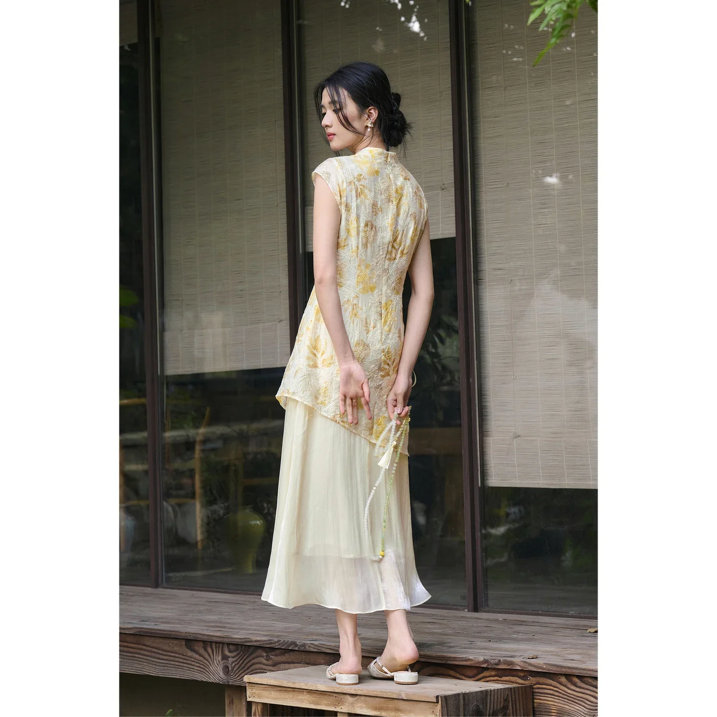 SENTUBILA Fake Two-Piece Chinese Style Dresses for Women Elegant Floral Vine Print Textured Long Dress Female Clothing 162LV5770