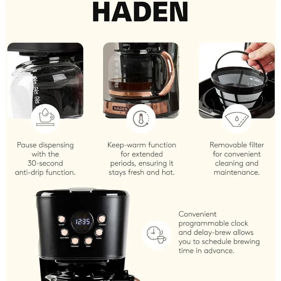 Программируемая капельная кофеварка на 12 чашек с функцией автоматического отключения и многоразовым моющимся фильтром для воды для домашнего или офисного использования Bla