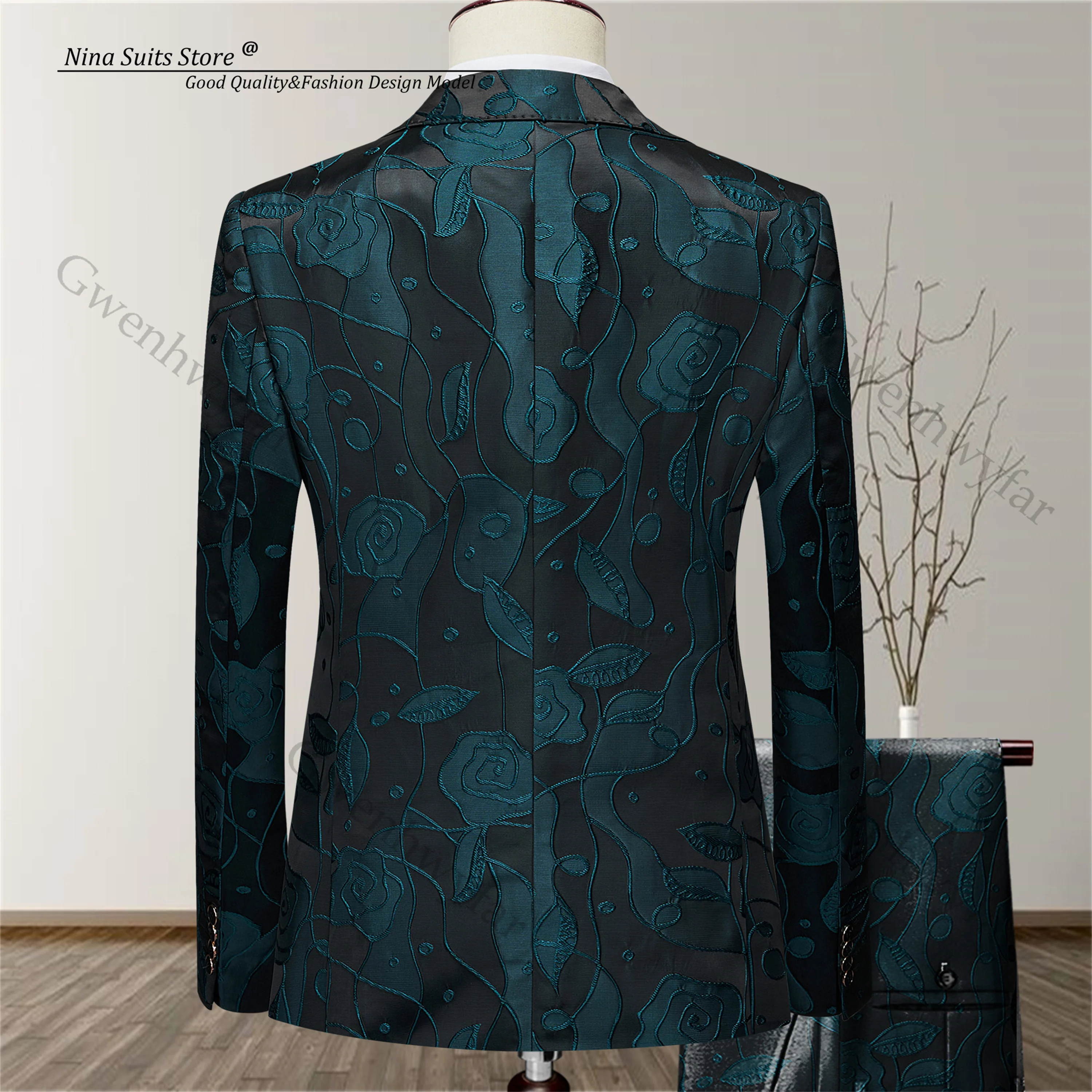 Nina Store Black Bottom Peacock Green Rose Jacquard Suit 3 Pieces Set Men's Elegant Wedding Costume Jacket in Single Breasted