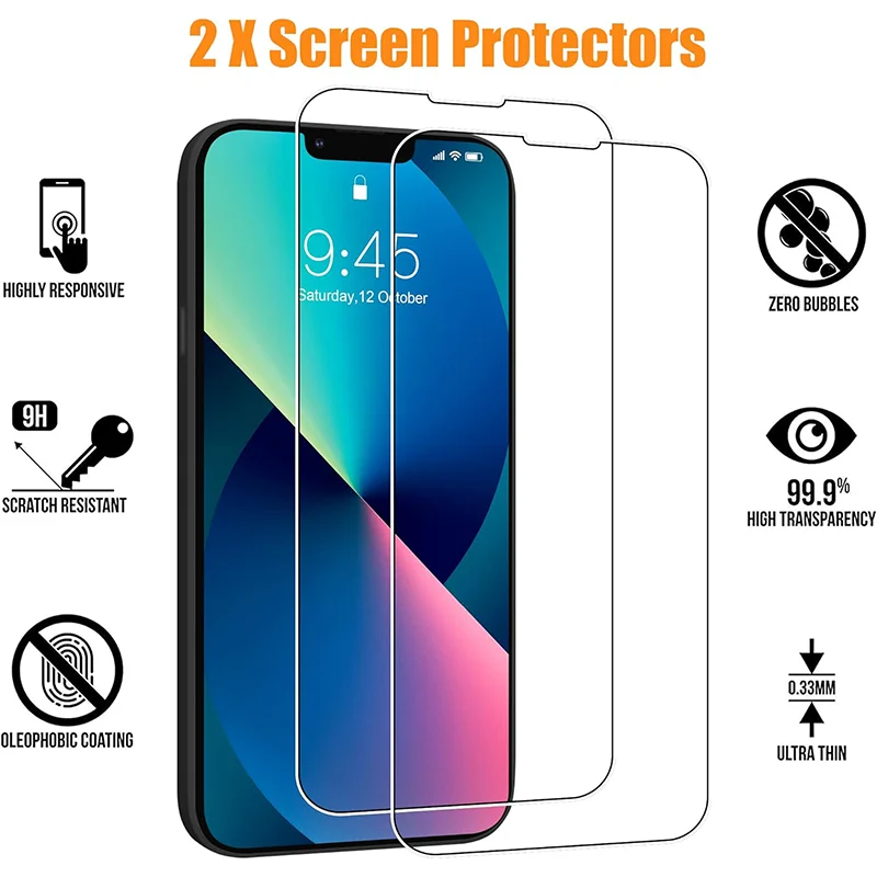 2PCS Tempered Glass And Phone Case For iPhone 15 14 13 12 11 Pro Max X XR XS 8 7 6 Plus Soft Shockproof Protective Black Cover