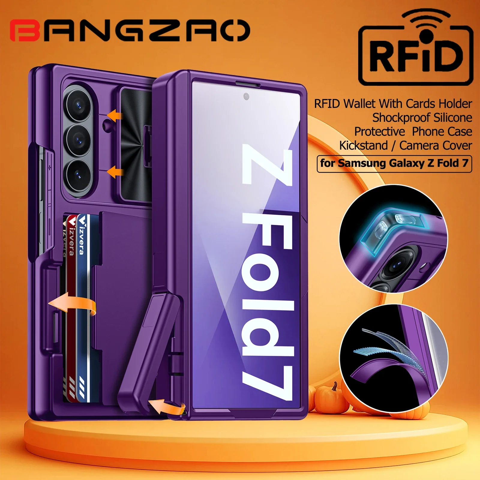 

Подарки на Хэллоуин для Galaxy Z Fold 7, RFID-кошелек с держателем для карт [подставка][крышка камеры] Противоударный силиконовый чехол для телефона - фиолетовый