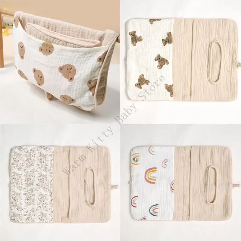 Soft Cotton Gauze Baby Diaper Bag Baby Bedside Hanging Storage Bag with 2 Pockets Crib Nappy for Diapers,Wet Wipes and Toy