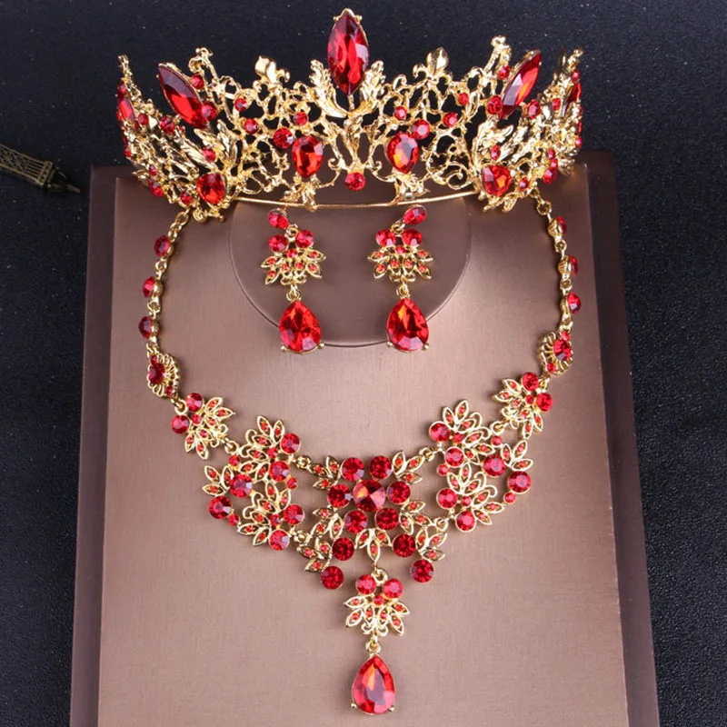 Baroque Vintage Gold Color Red Crystal Bridal Jewelry Sets Rhinestone Tiaras Crown Choker Necklace Earrings Wedding Accessories