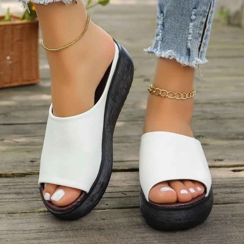 

Ladies Leather Slippers pu Sole Sandals for Women Sexy High Heel Mules Clogs Black Peep Toe Platform Mules Wedges Sandals Shoes
