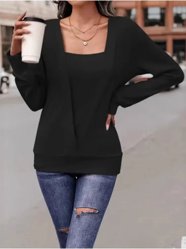 

GELITAYIN Fake Two-piece Long Sleeved Solid Color Square Neck Women's T-shirt High Street Fashion Elegant Commuting Style Autumn