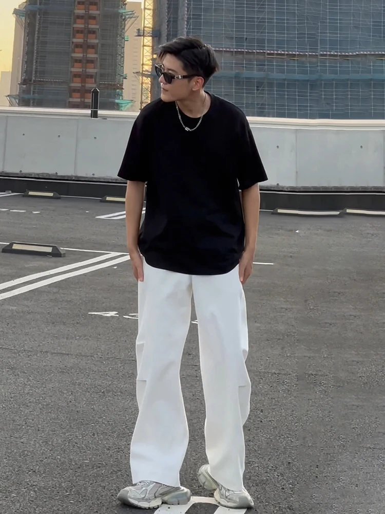

White Workwear Wide Leg Pants Men's Summer American Vibe High Street Arc Straight Loose Drapey Wide Leg Pants Casual Trousers