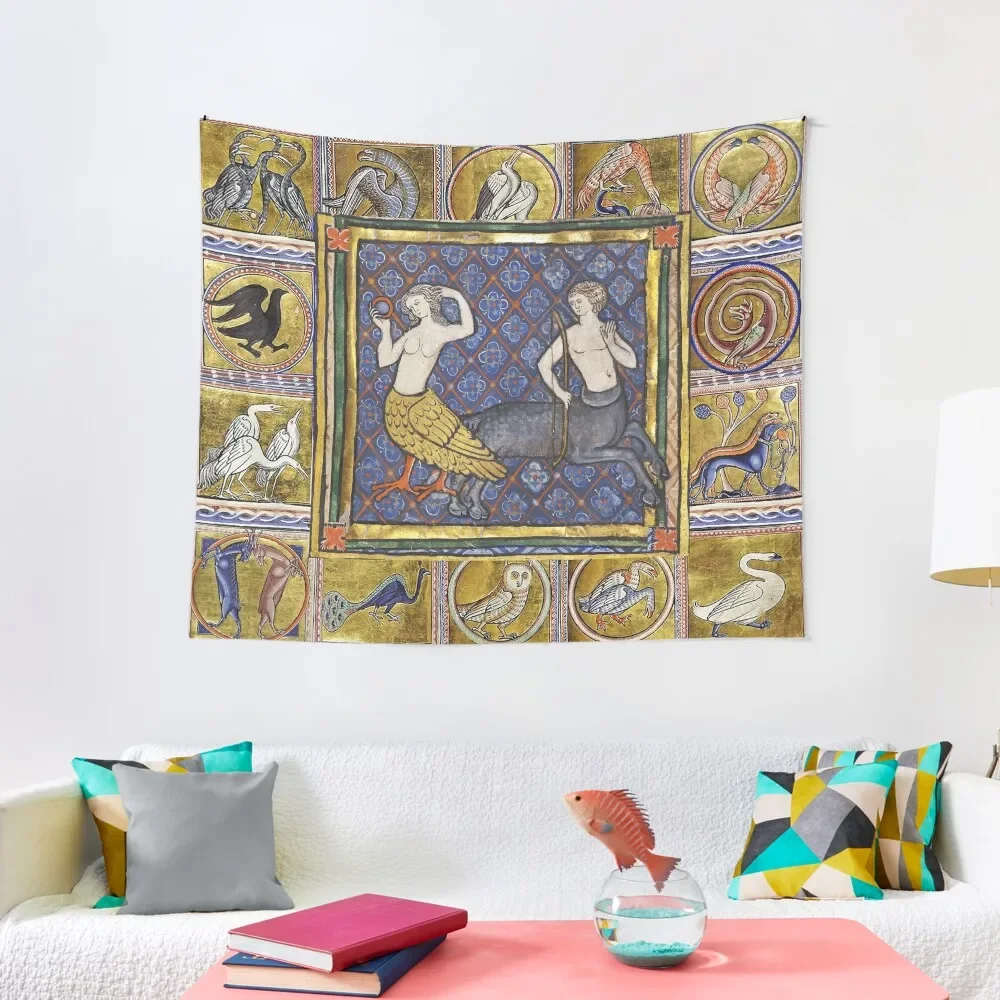 

MEDIEVAL BESTIARY,HARPY AND CENTAUR, FANTASTIC ANIMALS IN GOLD RED BLUE COLORS Tapestry Decorations For Room Tapestry