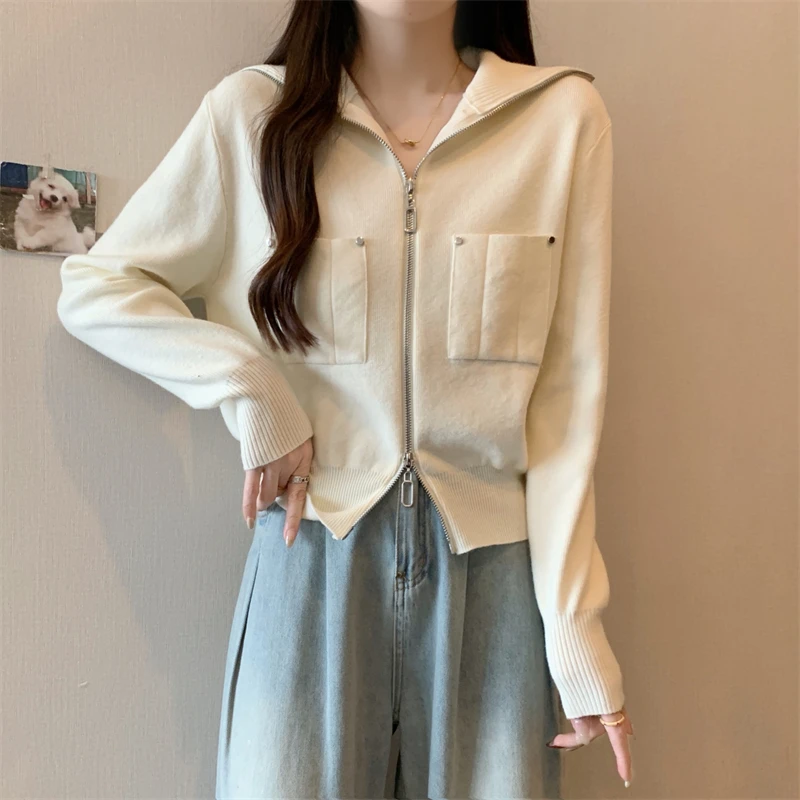 Maglione lavorato a maglia con doppia cerniera Autunno Inverno da donna Nuovo Sle plus Size Cappotto ort lusinghiero oulder Lunghezza Colletto rovesciato