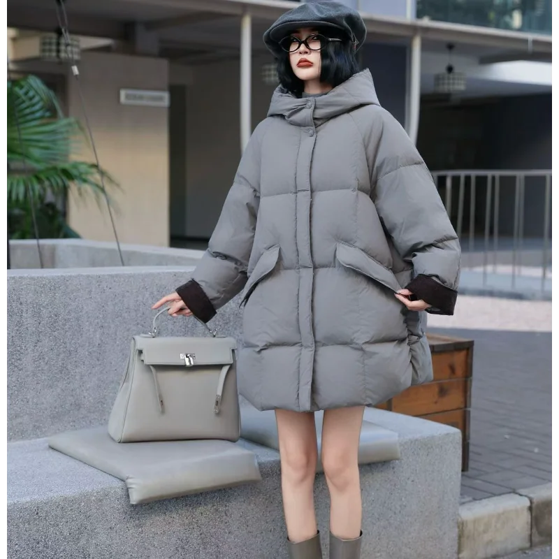 المرأة منتصف طول أسفل سترة 2025 خريف/شتاء جديد وصول فضفاضة تناسب مقنعين موضة عادية المتضخم سميكة معطف دافئ #5