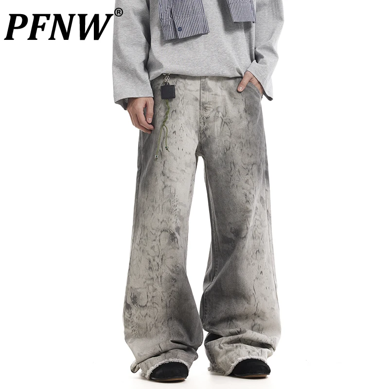 PFNW Niche Washed Dirty-dyed Snake Print Distressed Jeans Vintage Loose Micro-large Pants Tide 2025 New Denim Trousers 28W5996