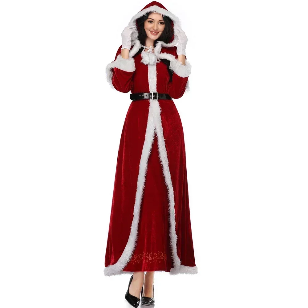 Costume cosplay di Babbo Natale di Natale Velluto rosso Lady Elegante abito lungo Natale Carnevale Festa Capodanno Prestazioni per donna