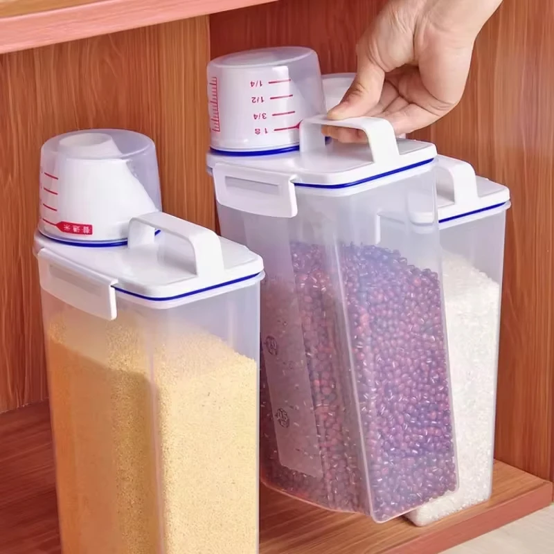 【Hot sales】1pc Rice And Grains Food Storage Canister With Measuring Cup, Storage Canister With Measuring Cu
