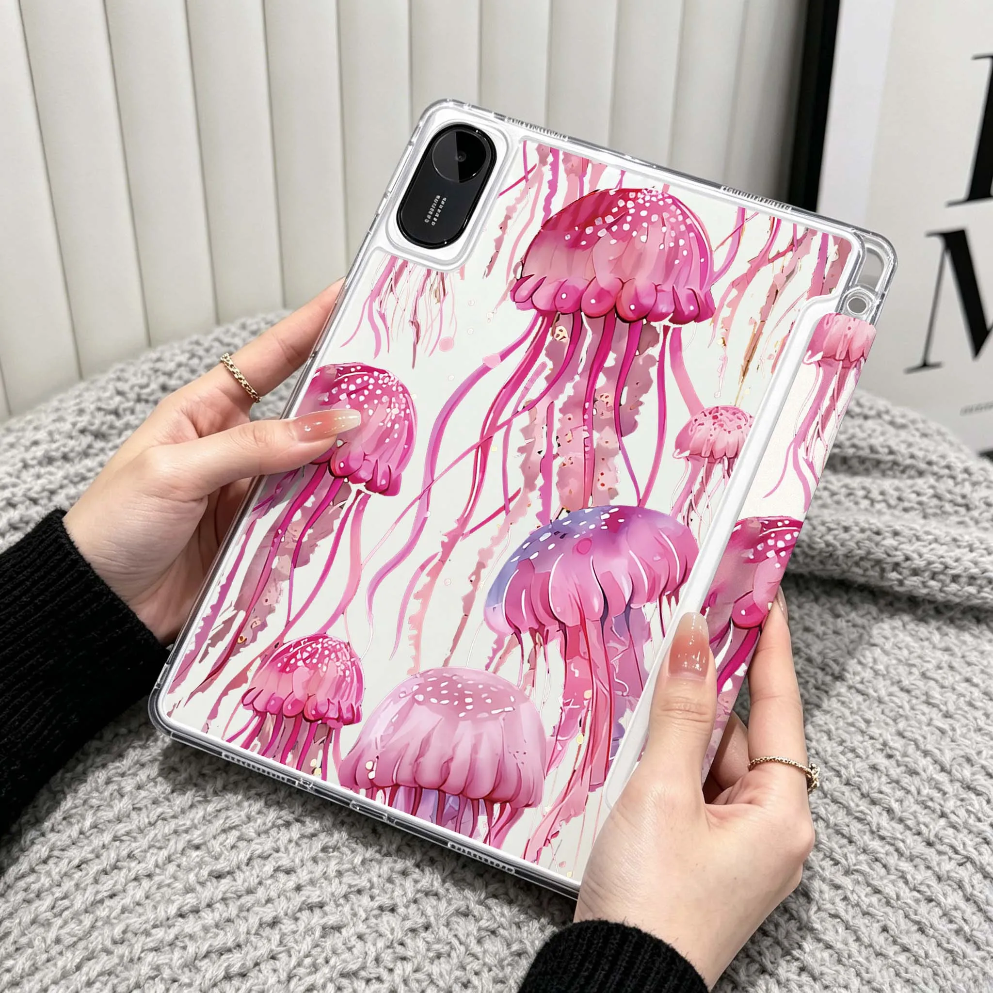 Cartoon Jellyfish Art Case For Xiaomi Redmi Poco Pad 5 6 7 8 Pro SE 11 11.2 12.1 Inch Transparent Y-Shaped Folding Tablet