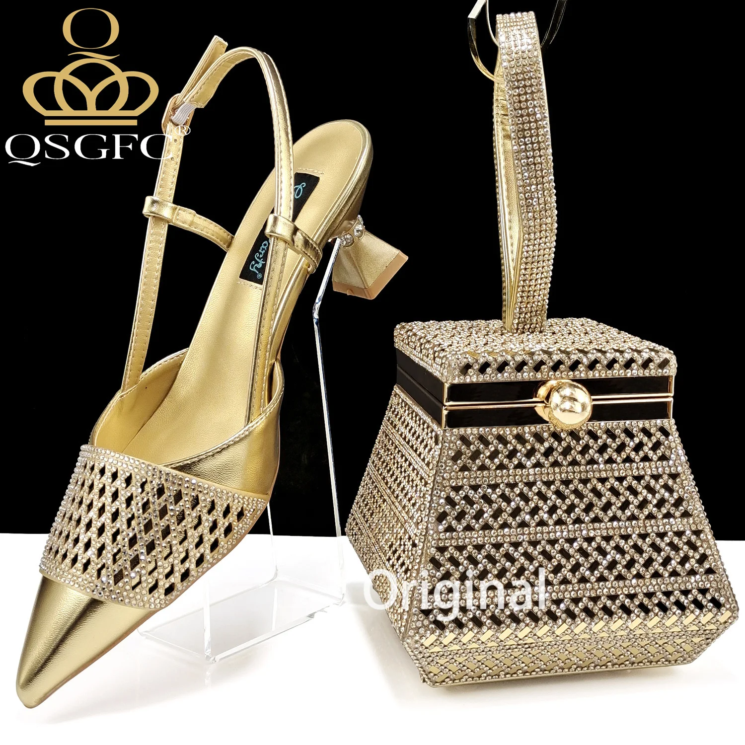 QSGFC Italian Design Rhinestone-encrusted Ladies Party Women Shoes And Special Bag High Heels And Dual Purpose Gold Mini Bag