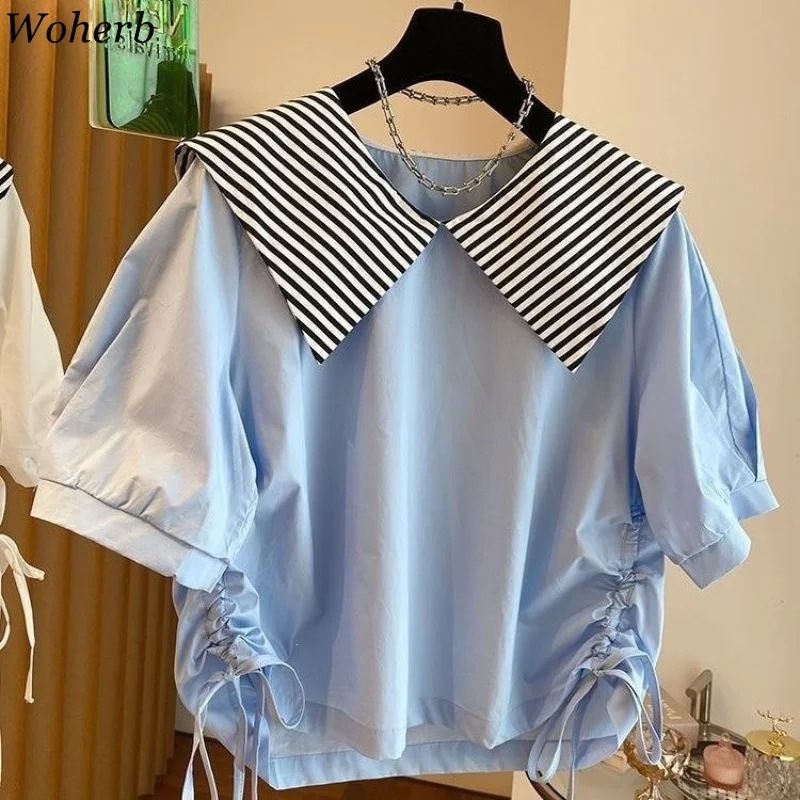 

2026 Blusas Mujer De Moda Summer Stripe Patchwork Blouses Korean Casual Chic Drawstring Shirts Fashion Office Lady Loose Blouse
