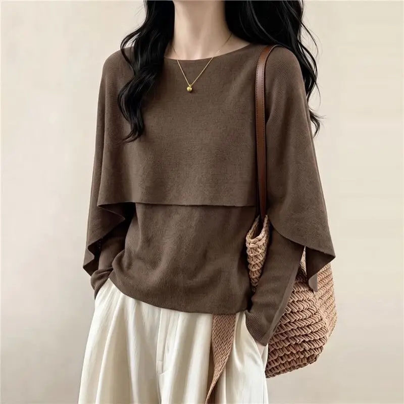 Women Layered Design Long Sleeve Blouse Boat Neck Irregular Cuff Casual Loose Tops