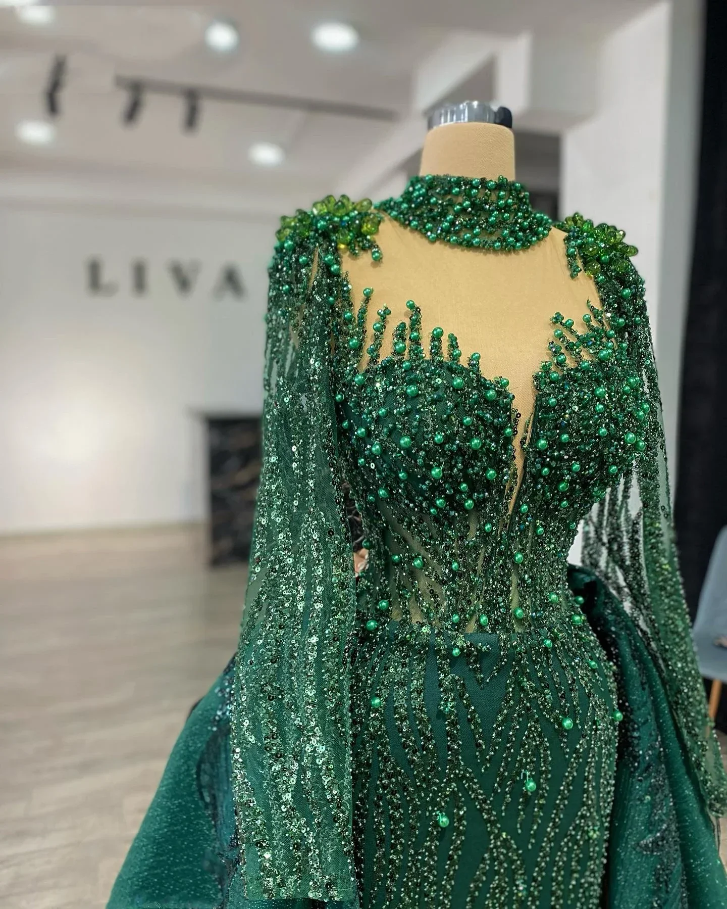 

Customized Plus Size Robe Overskirt 2in1 Long Green Evening Dresses Sparkly Bride's Wedding Party Gowns
