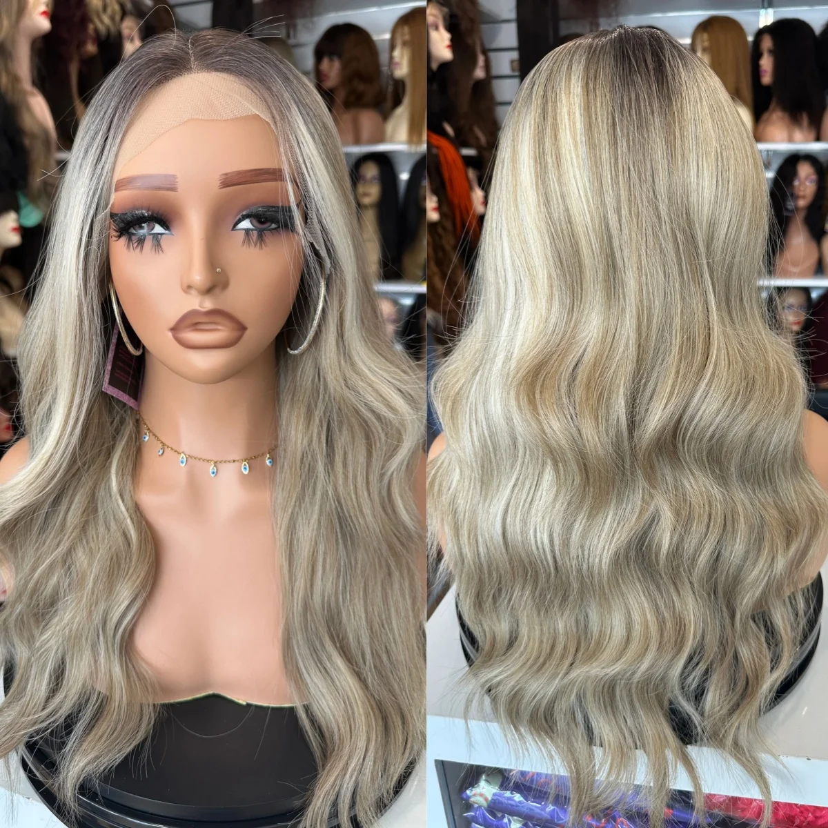 

Пепельно-русый мелирование Синтетические кружевные фронтальные парики Длинные объемные волны Термостойкое волокно Высокая плотность Повседневные вечерние полные парики