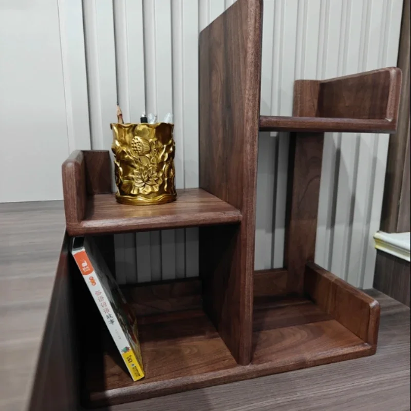 Nordic Solid Wood Desktop Bookshelf Black Walnut Office Organizer Minimalist Storage Rack for Books Compact Wooden Display Stand