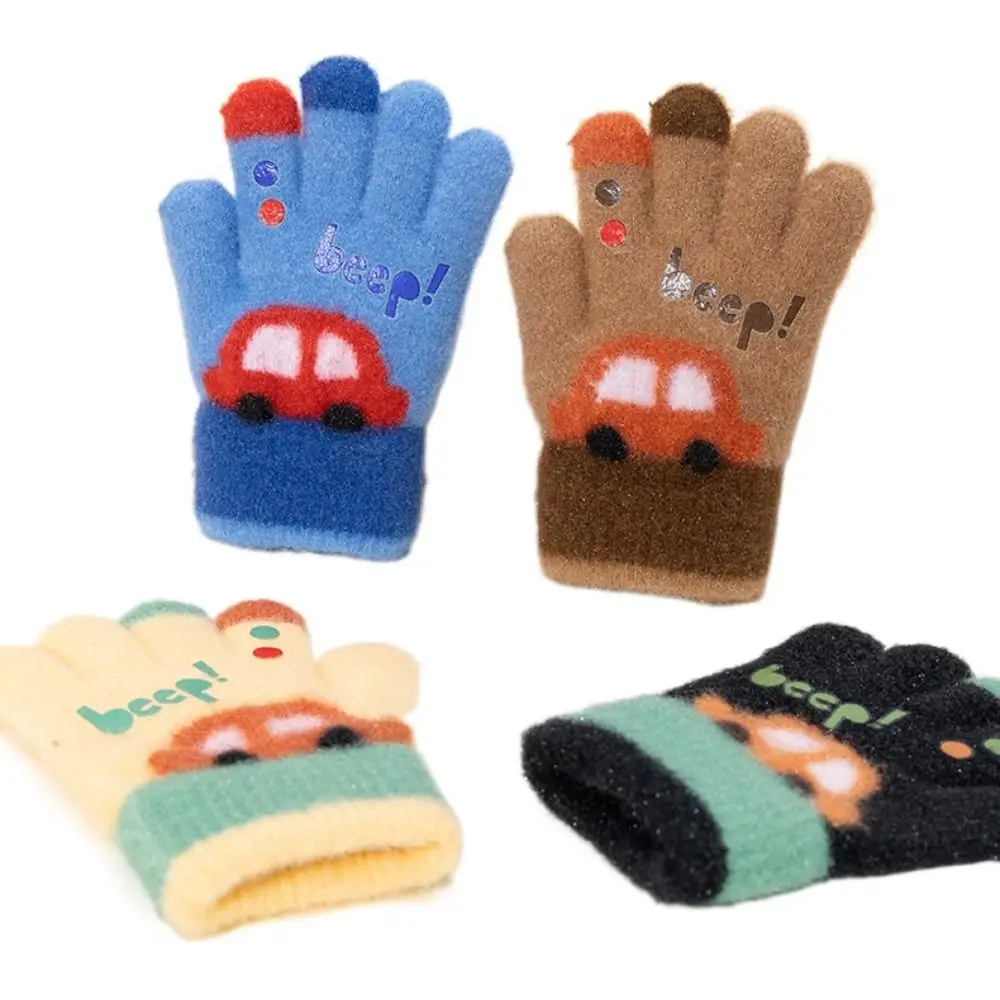 Cartoon auto 3-6 jaar oude winter gebreide handschoenen warme pluche elastische vijfvingerige handschoenen mode schattige kinderhandschoenen herfst winter