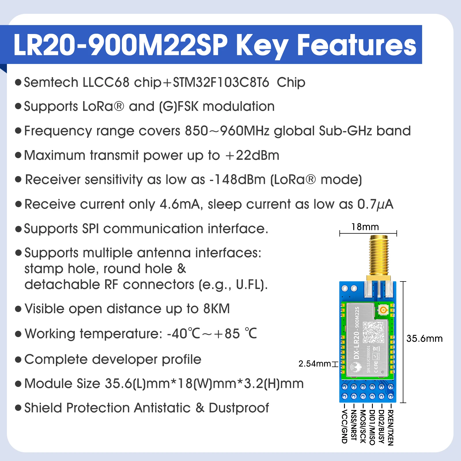 DX-LR20 Semtech LLCC68 LoRa Module 430~475MHz 868/915Mhz STM32F103C8T6 MCU Development Rf Module 8KM Communication
