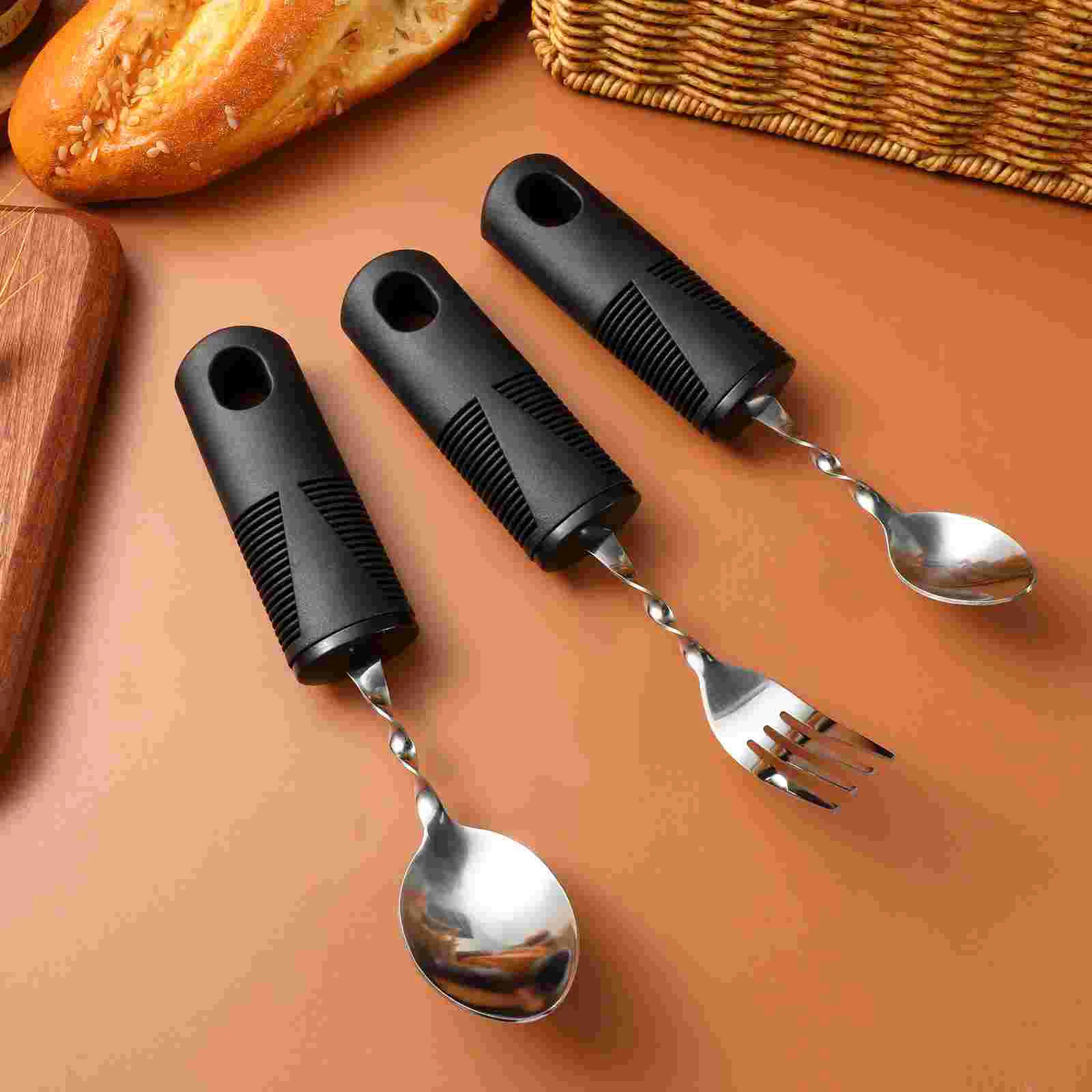 3 Pcs Bendable Cutlery Textured Handle Utensils Disabled Fork Spoon Parkinson Adaptive Elderly Adults Rubber