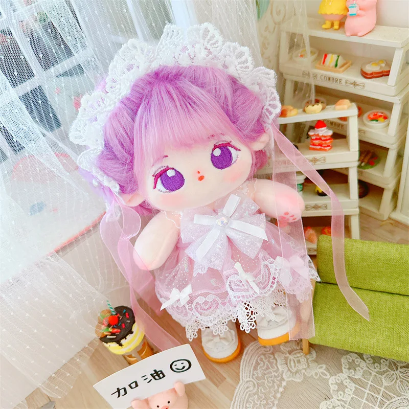 

Kawaii Purple Bow Dress Suit Plush Idol Doll for 20cm DIY Clothes Accessory Cute Soft Stuffed Idol Cotton Dolls for Girls Gifts