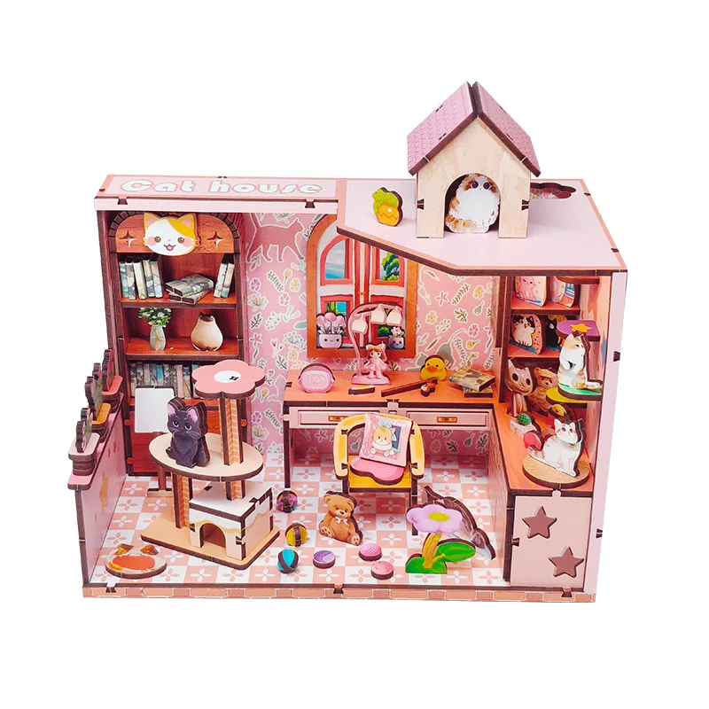OUZEY Kitten Cottage miniatura DIY, rompecabezas de madera 3D y rincón de libros, lindo regalo de decoración de habitación para niñas adolescentes