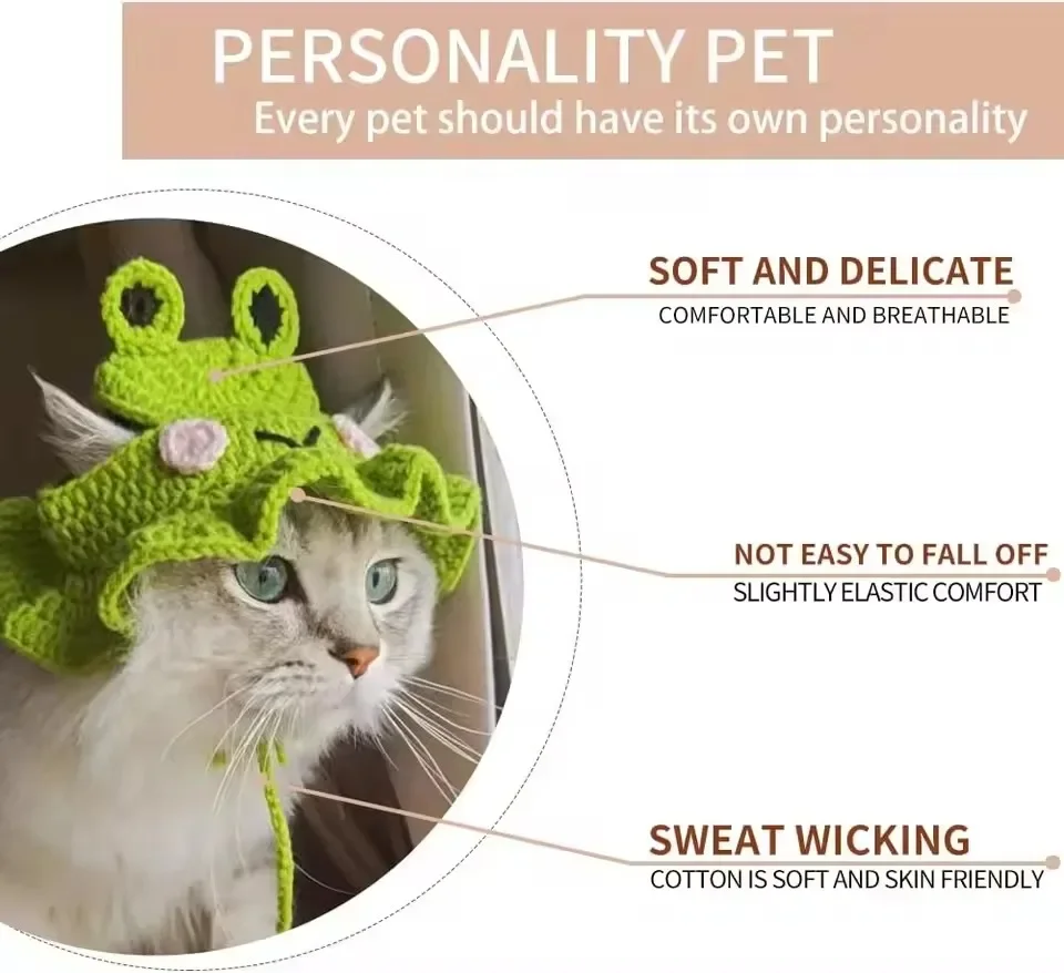 Kawaii Hand-Crocheted Frog Pet Hat Funny Headwear Knitted Elastic Cat Dog Cosplay Hat with Delicate Hemming Pendant Party Decor - Image 5