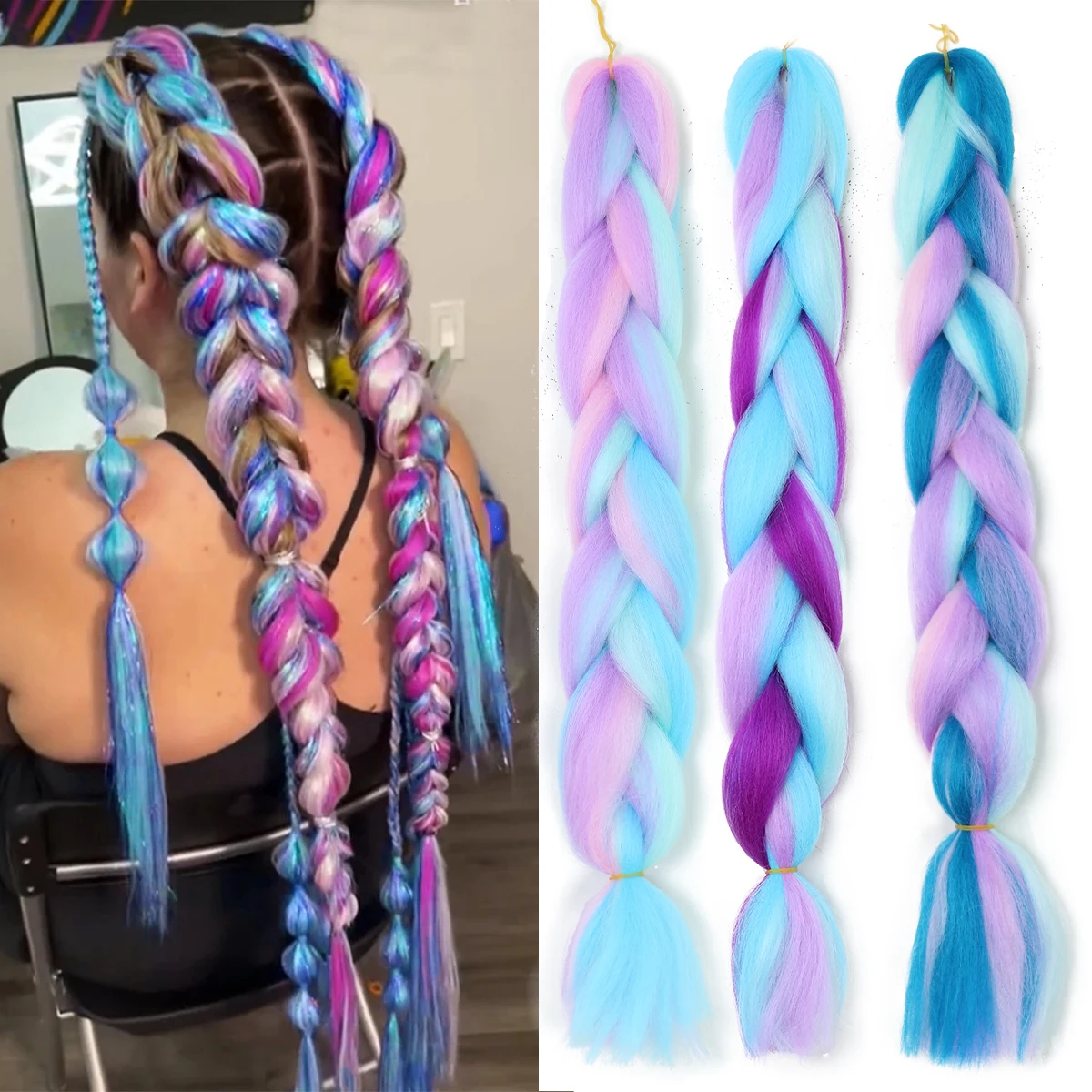 Capelli intrecciati Jumbo colorati sintetici Ombre Yaki intrecciare i capelli lisci Blend Hair Tinsel, 24 pollici Festival Rave Hair For Girls