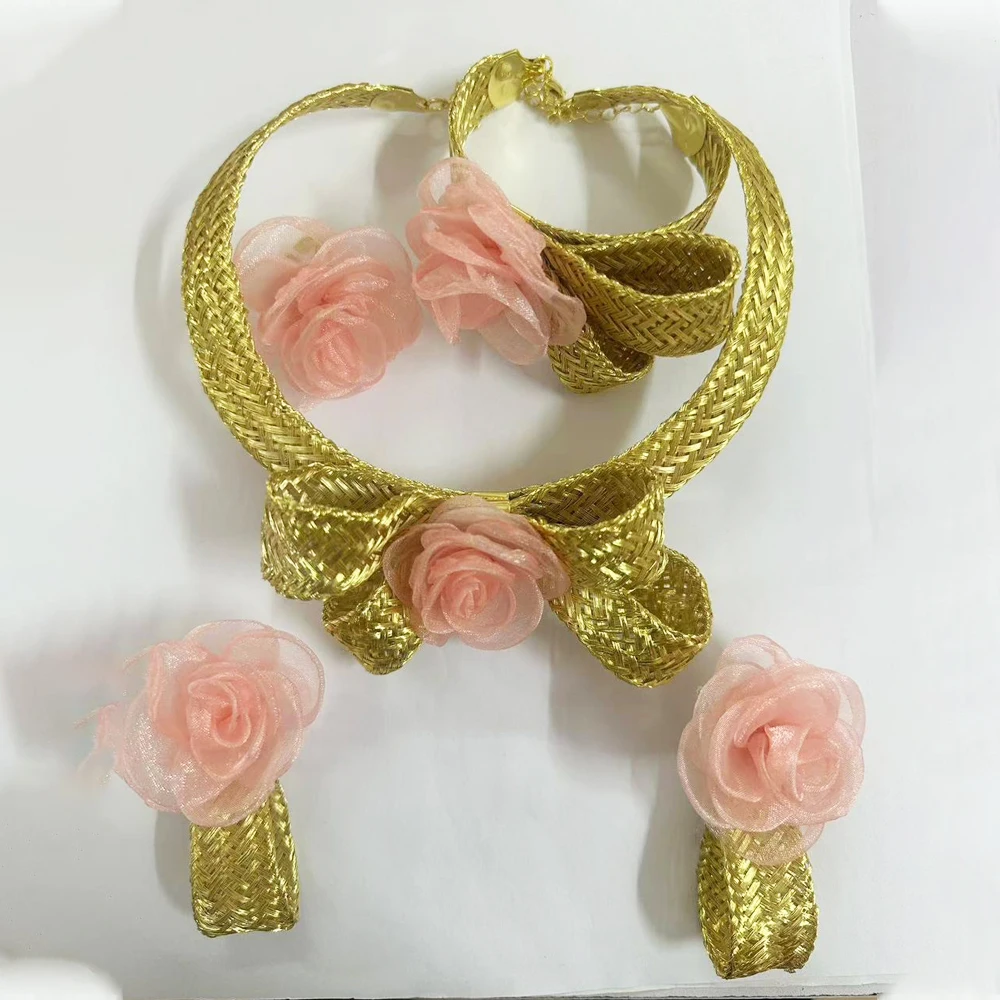 Women Pink Flower Jewelry Set Original Gold Plated Knot Necklace Bud Earrings Bracelet Ring Elegant Lady Wedding Chrismas Gift