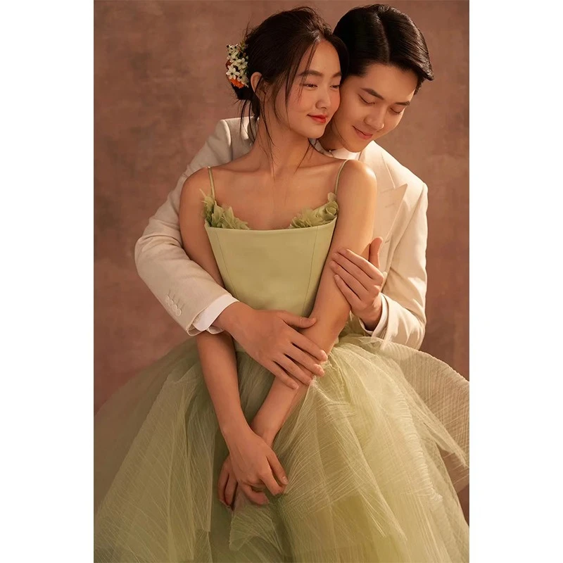 Green Wedding Dress Fashion 2025 New Sling Sleeveless Princess Fluffy Skirt Formal Dress Women Elegant Evening Party Dresses