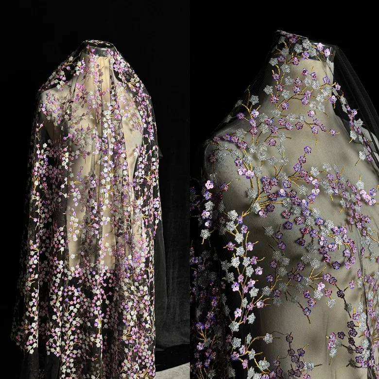 1yard Heavy Industry Purple Laser Glitter Money Tree Embroidery fabric Creative designers customize dresses fabric for sewing