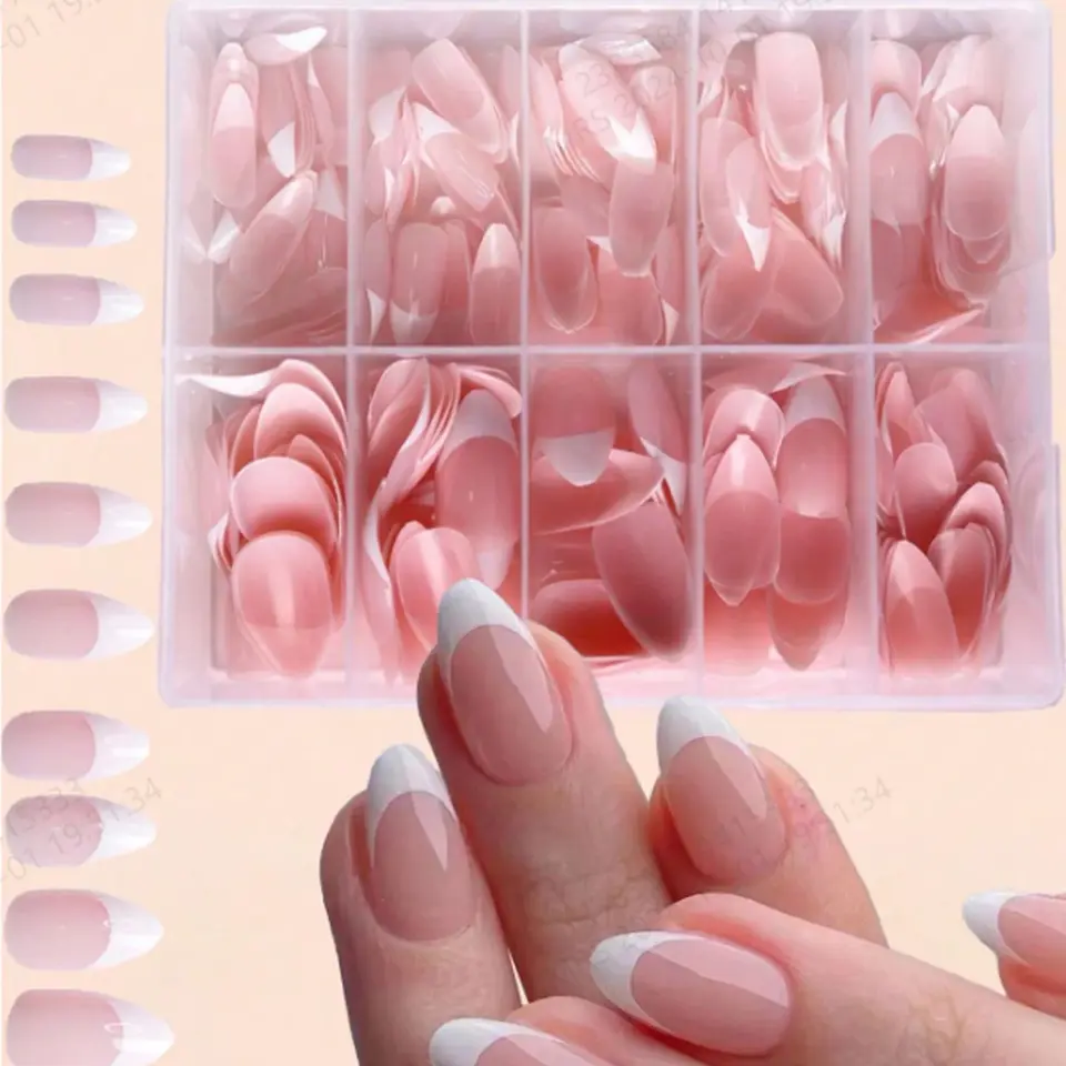 120 uñas postizas blancas francesas en forma de almendra para mujeres elegantes, perfectas para el día a día o fiestas
