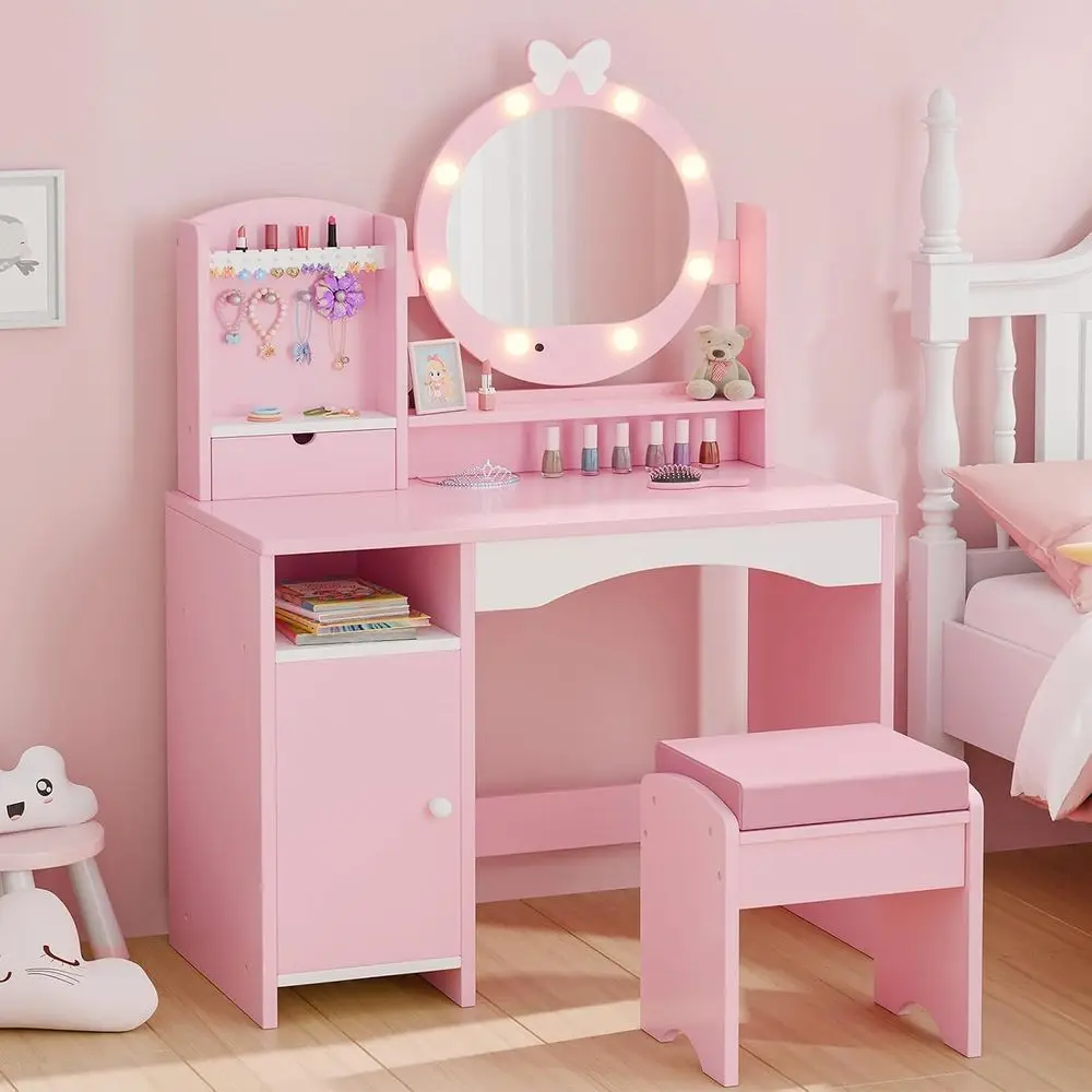Kids Vanity Table and Chair Set – PrincGirls Vanity Set with Mirror, Lights, lry Storage, and Cushioned Stool, Toddler Makeup Va