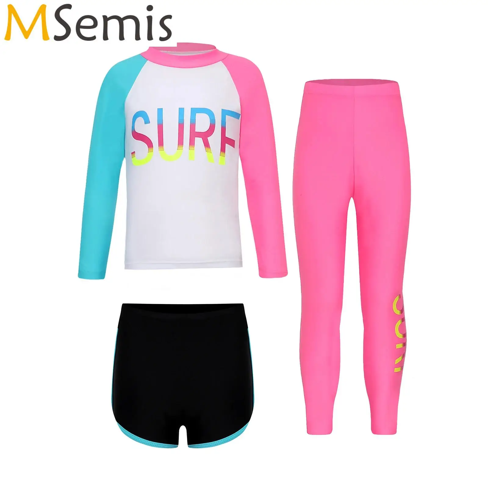 Kids Girl Boy Swimsuit Long Sleeve Swim Top with Swim Shorts Swim Pants Set UPF 50+ Rash Guard Bathing Suit Water Park Swimwear