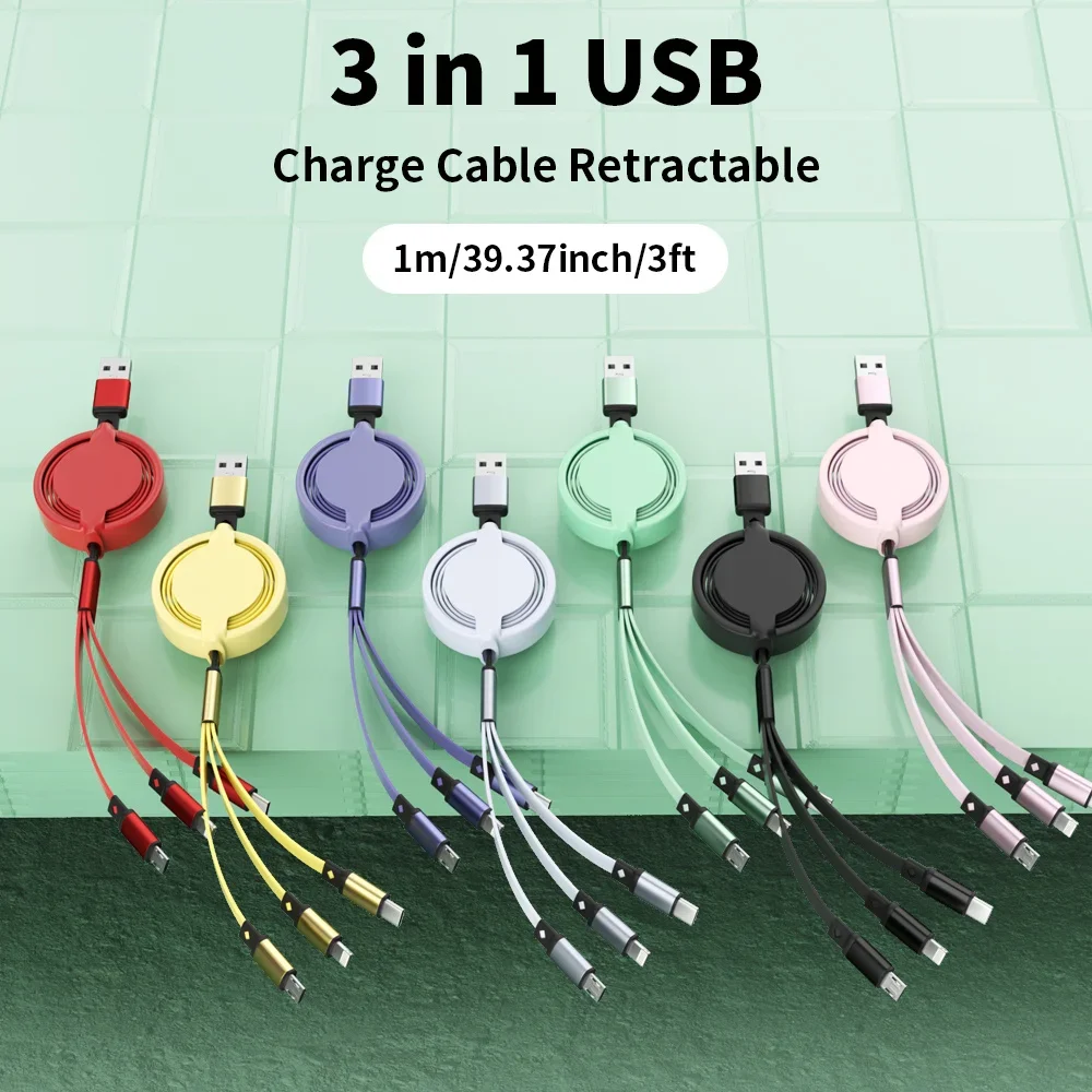 

3 In 1 Retractable USB Cable Fast Charging Data Cord For Iphone Samsung Huawei Xiaomi Multi Port Multiple Charging Wire