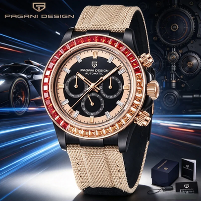 PAGANI DESIGN Luxury Male Mechanical Chronograph Watch Rainbow Bezel Sapphire Glass Multi-Function Wrist Clock