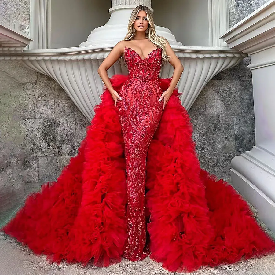 

Red Beaded Evening Dresses With Detachable Train Two Pieces Sleeveless Wedding Party Dresses Robes De Soirée Celebrity Dresses