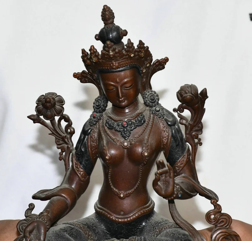 8.2'' Old Tibet Pure Bronze Green Tara Mahayana Enlightenment Buddha Statue