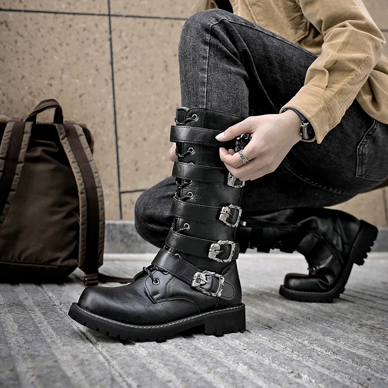 Men's Black Punk Gothic Biker Boots Flat Heel