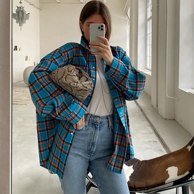 Green Vintage Plaid Shirt Women Oversize Top Long Sleeves Autumn Winter Loose Women\'s Shirt And Blouses Oversized