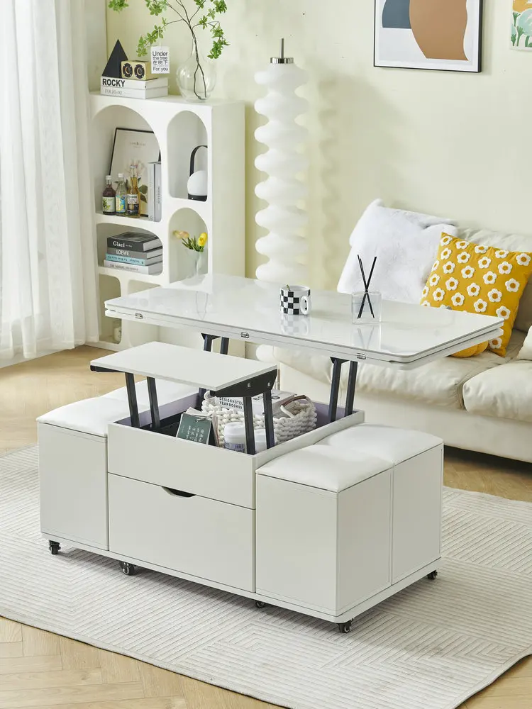 Cream style long bottom plate lifting coffee table, small unit, mobile telescopic storage, multifunctional with stool